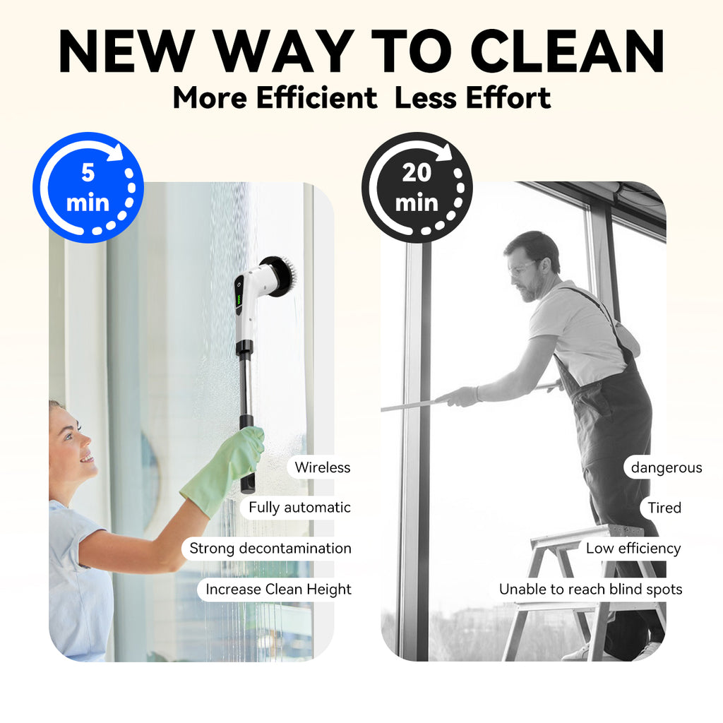 Cordless Rechargeable Electric Scrubber with Short Handle – Cleaning Brush Kit for Floors/Glass – Ideal Home Gift for Parents