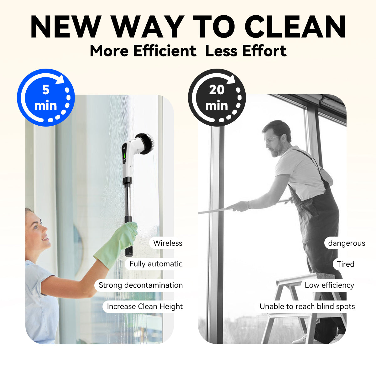 Cordless Rechargeable Electric Scrubber with Short Handle – Cleaning Brush Kit for Floors/Glass – Ideal Home Gift for Parents