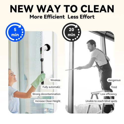 Cordless Rechargeable Electric Scrubber with Short Handle – Cleaning Brush Kit for Floors/Glass – Ideal Home Gift for Parents