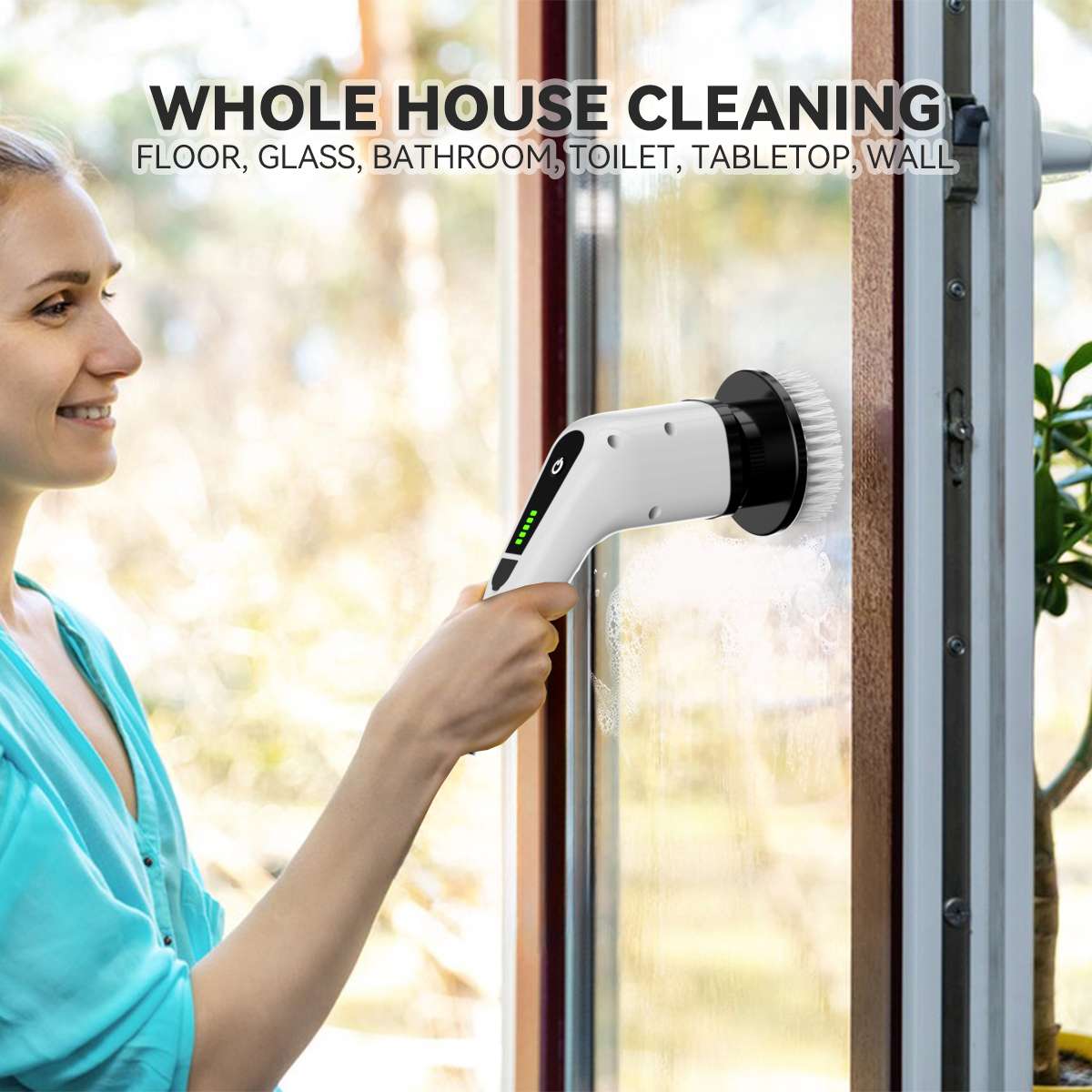 Cordless Rechargeable Electric Scrubber with Short Handle – Cleaning Brush Kit for Floors/Glass – Ideal Home Gift for Parents