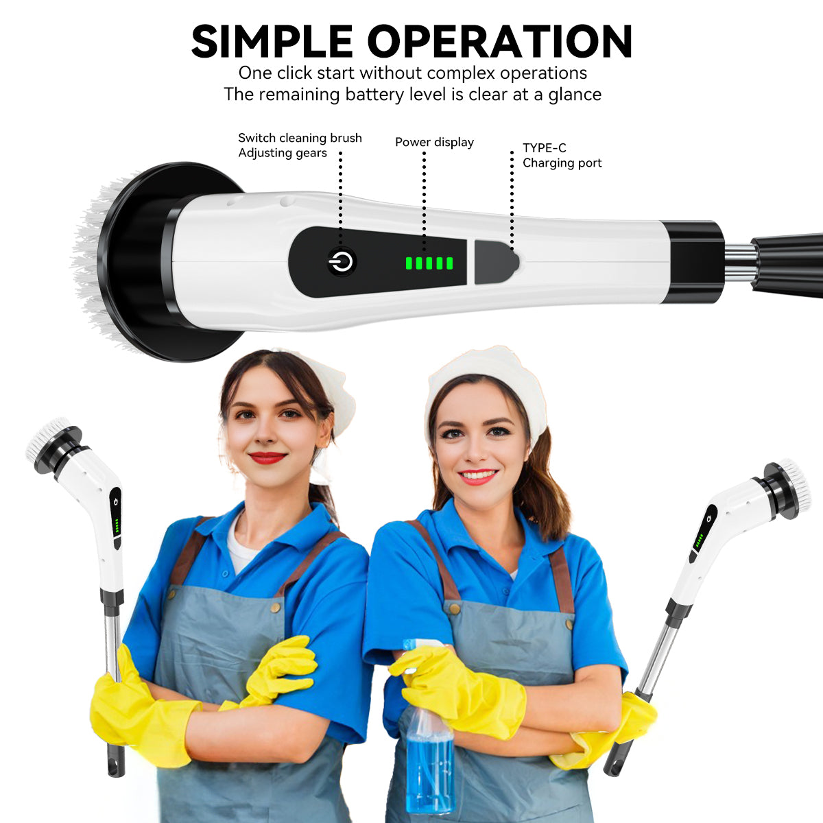 Cordless Rechargeable Electric Scrubber with Short Handle – Cleaning Brush Kit for Floors/Glass – Ideal Home Gift for Parents